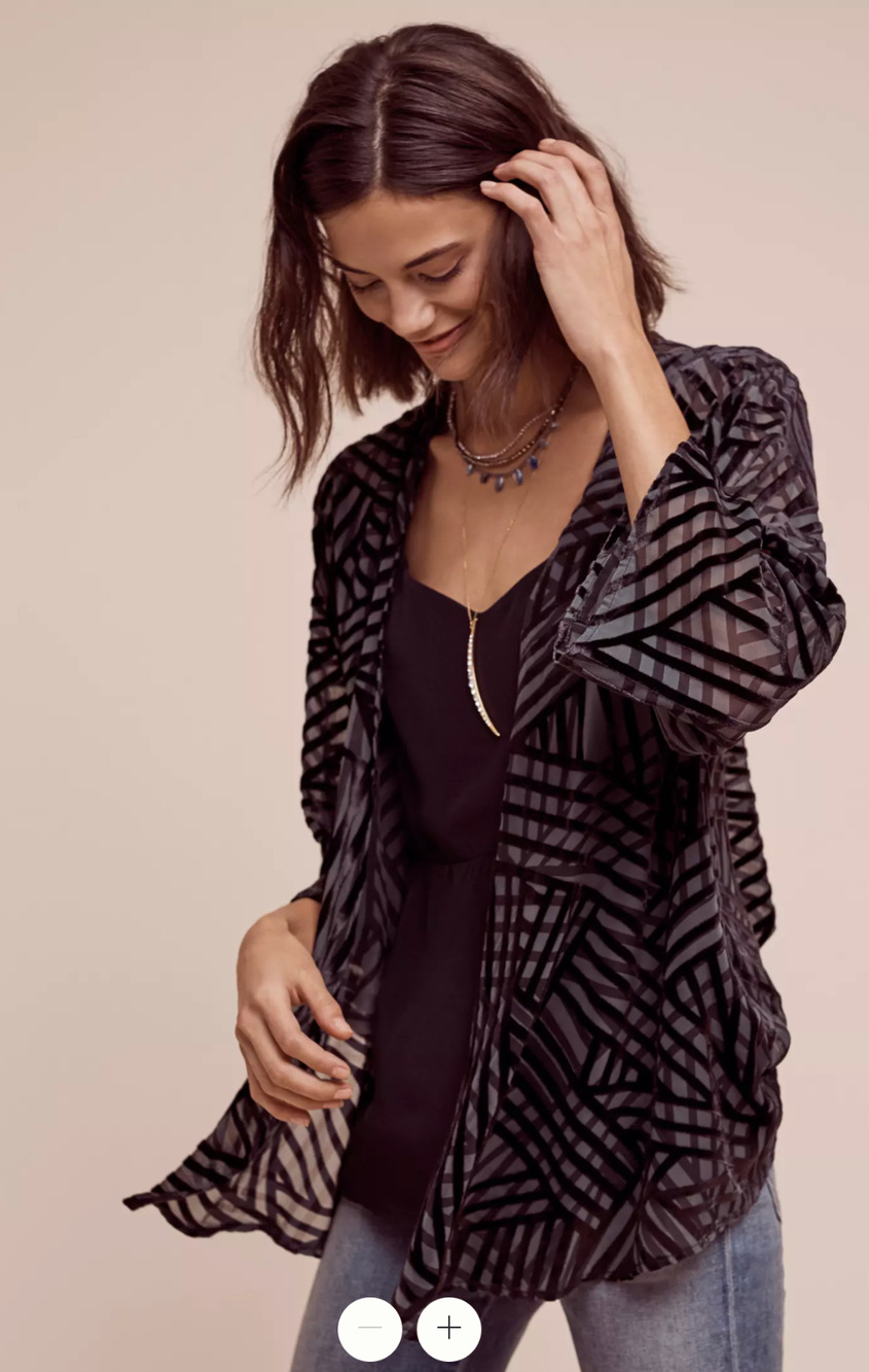 Gridded Velvet Kimono by Anthropologie One Size Black Open Front Lightweight